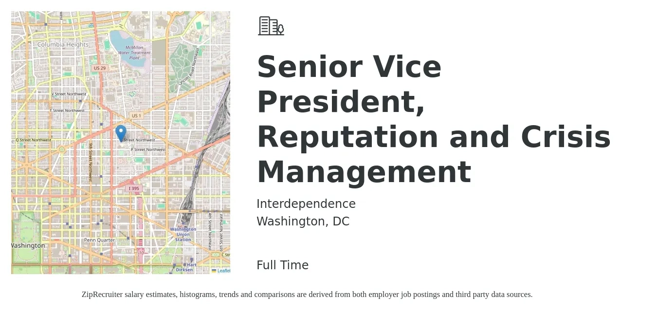 Interdependence job posting for a Senior Vice President, Reputation and Crisis Management in Washington, DC with a salary of $126,100 to $208,400 Yearly with a map of Washington location.