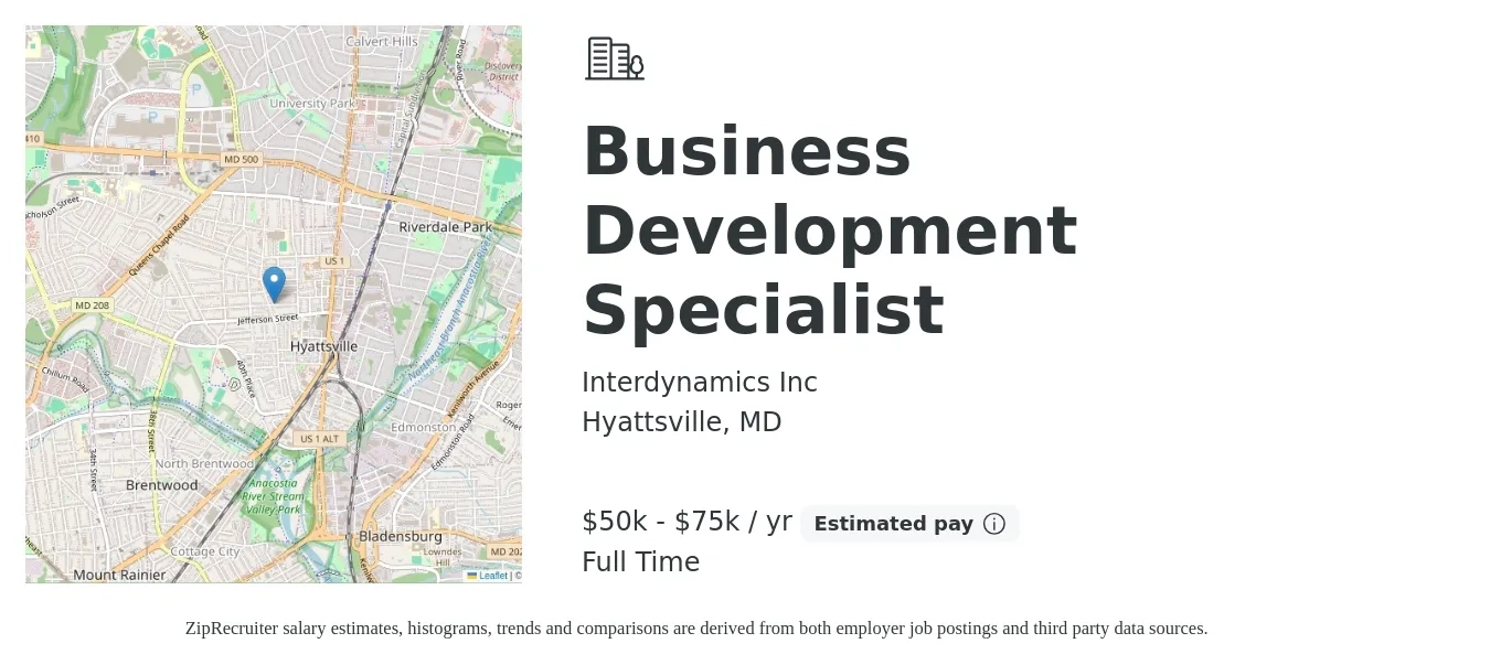 Interdynamics Inc job posting for a Business Development Specialist in Hyattsville, MD with a salary of $50,000 to $75,000 Yearly with a map of Hyattsville location.