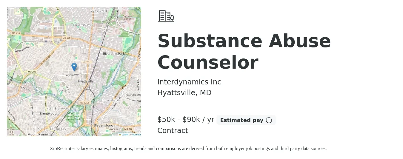 Interdynamics Inc job posting for a Substance Abuse Counselor in Hyattsville, MD with a salary of $50,000 to $90,000 Yearly with a map of Hyattsville location.