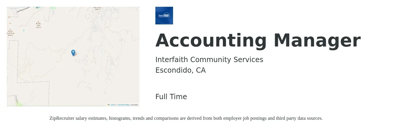 Interfaith Community Services job posting for a Accounting Manager in Escondido, CA with a salary of $90,000 to $100,000 Yearly with a map of Escondido location.