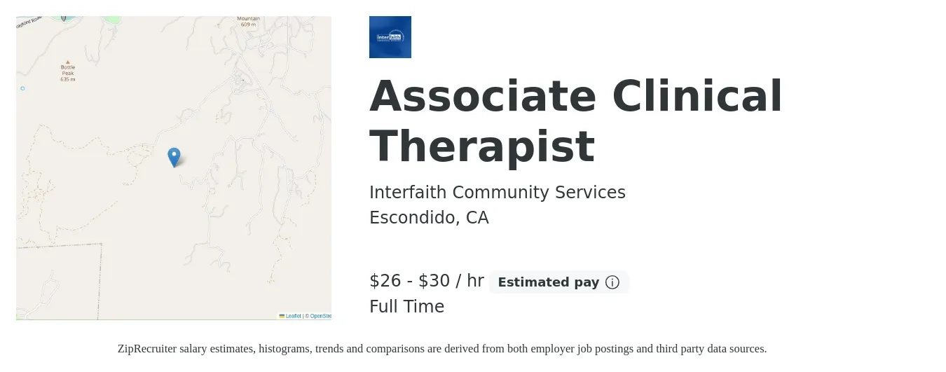 Interfaith Community Services job posting for a Associate Clinical Therapist in Escondido, CA with a salary of $28 to $32 Hourly with a map of Escondido location.
