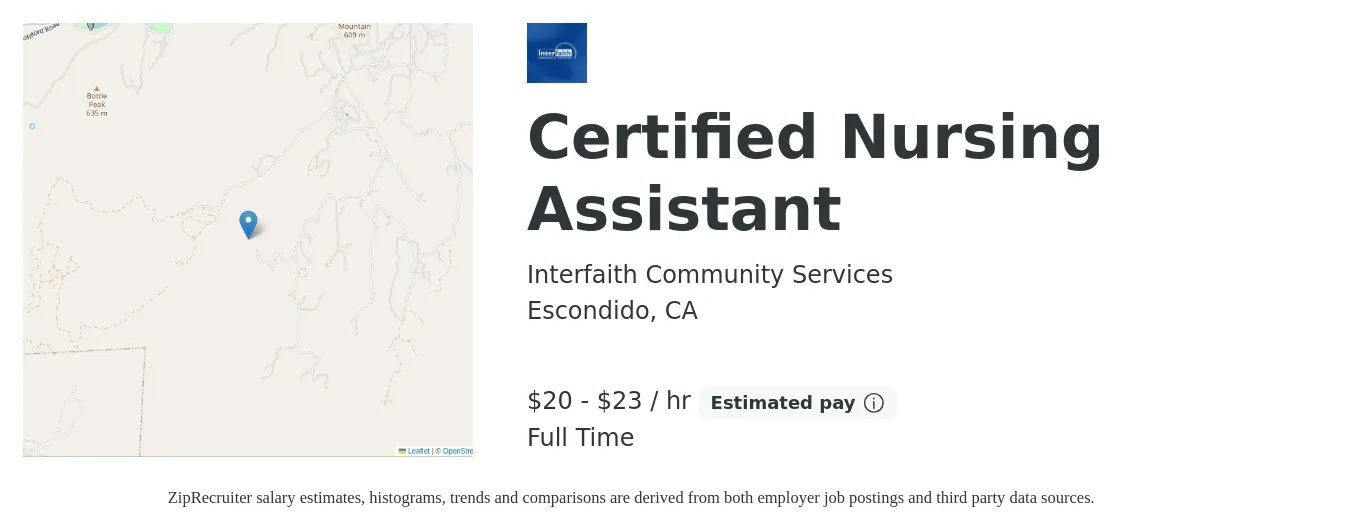 Interfaith Community Services job posting for a Certified Nursing Assistant in Escondido, CA with a salary of $21 to $24 Hourly with a map of Escondido location.