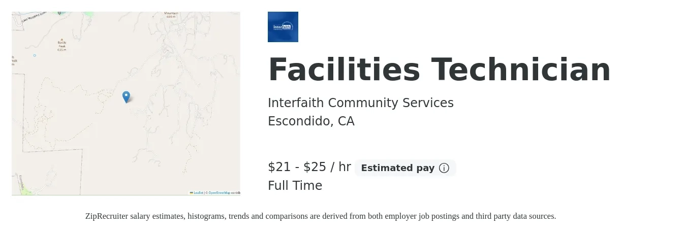 Interfaith Community Services job posting for a Facilities Technician in Escondido, CA with a salary of $22 to $27 Hourly with a map of Escondido location.