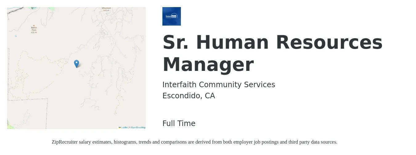 Interfaith Community Services job posting for a Sr. Human Resources Manager in Escondido, CA with a salary of $90,000 to $100,000 Yearly with a map of Escondido location.