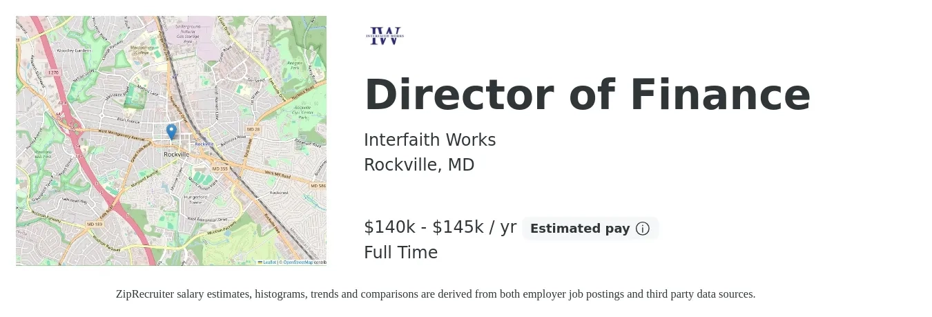 Interfaith Works job posting for a Director of Finance in Rockville, MD with a salary of $140,000 to $145,000 Yearly with a map of Rockville location.