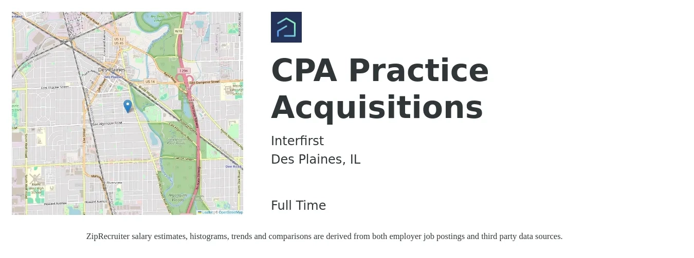Interfirst job posting for a CPA Practice Acquisitions in Des Plaines, IL with a salary of $137,400 to $389,800 Yearly with a map of Des Plaines location.