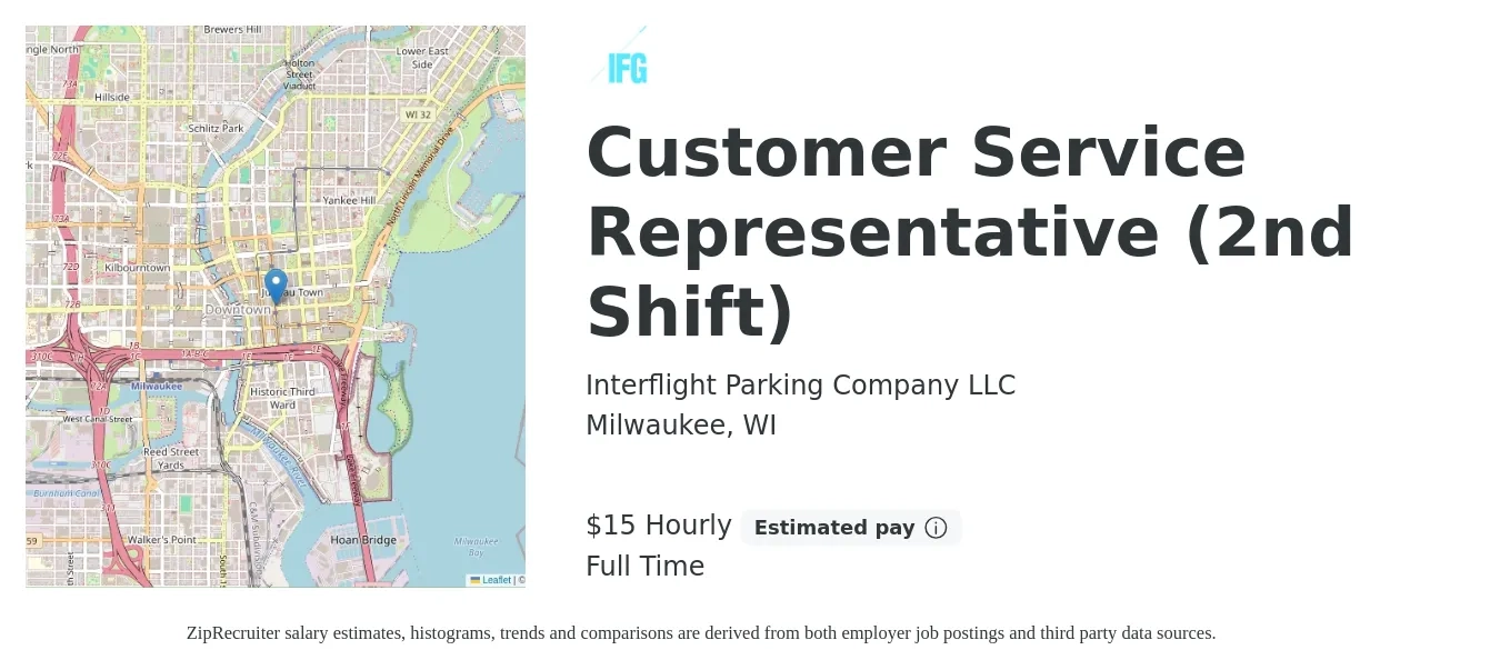 Interflight Parking Company LLC job posting for a Customer Service Representative (2nd Shift) in Milwaukee, WI with a salary of $16 Hourly with a map of Milwaukee location.