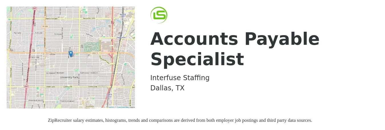 Interfuse Staffing job posting for a Accounts Payable Specialist in Dallas, TX with a salary of $21 to $27 Hourly with a map of Dallas location.