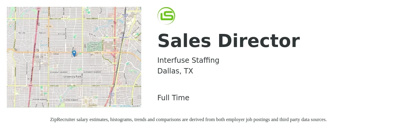 Interfuse Staffing job posting for a Sales Director in Dallas, TX with a salary of $69,800 to $123,700 Yearly with a map of Dallas location.