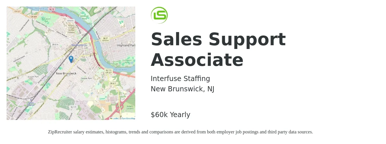 Interfuse Staffing job posting for a Sales Support Associate in New Brunswick, NJ with a salary of $60,000 Yearly with a map of New Brunswick location.