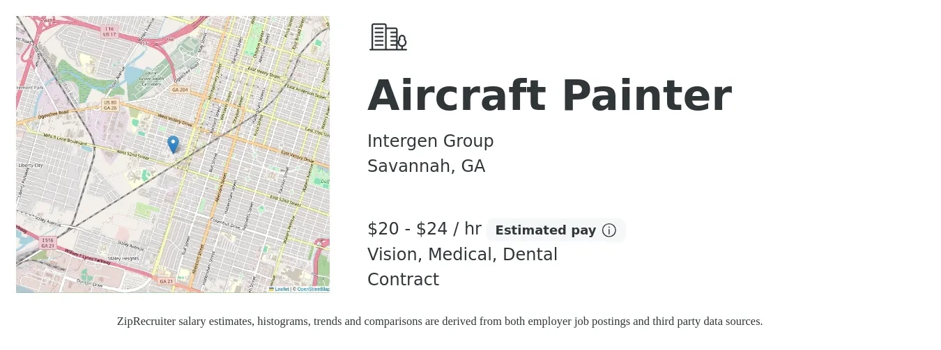 Intergen Group job posting for a Aircraft Painter in Savannah, GA with a salary of $21 to $26 Hourly and benefits including medical, retirement, vision, dental, and life_insurance with a map of Savannah location.