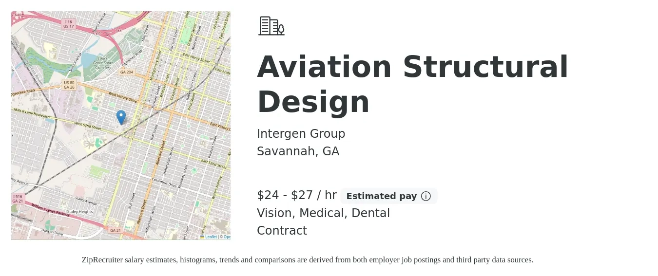 Intergen Group job posting for a Aviation Structural Design in Savannah, GA with a salary of $25 to $29 Hourly and benefits including retirement, vision, dental, life_insurance, and medical with a map of Savannah location.