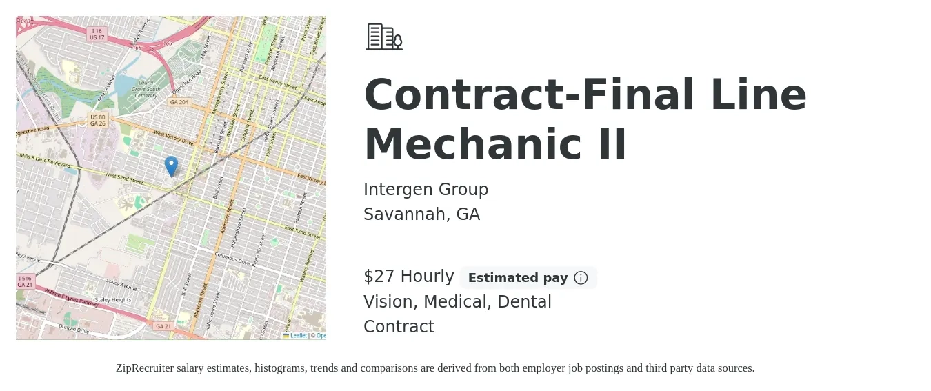 Intergen Group job posting for a Contract-Final Line Mechanic II in Savannah, GA with a salary of $29 Hourly and benefits including vision, dental, life_insurance, and medical with a map of Savannah location.