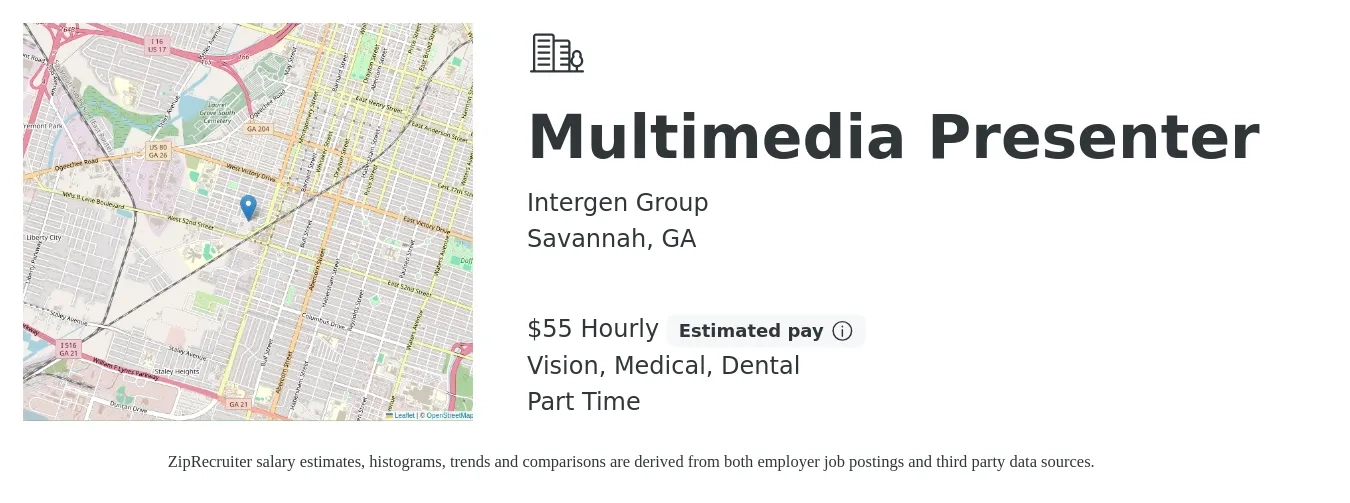 Intergen Group job posting for a Multimedia Presenter in Savannah, GA with a salary of $57 Hourly and benefits including dental, life_insurance, medical, retirement, and vision with a map of Savannah location.