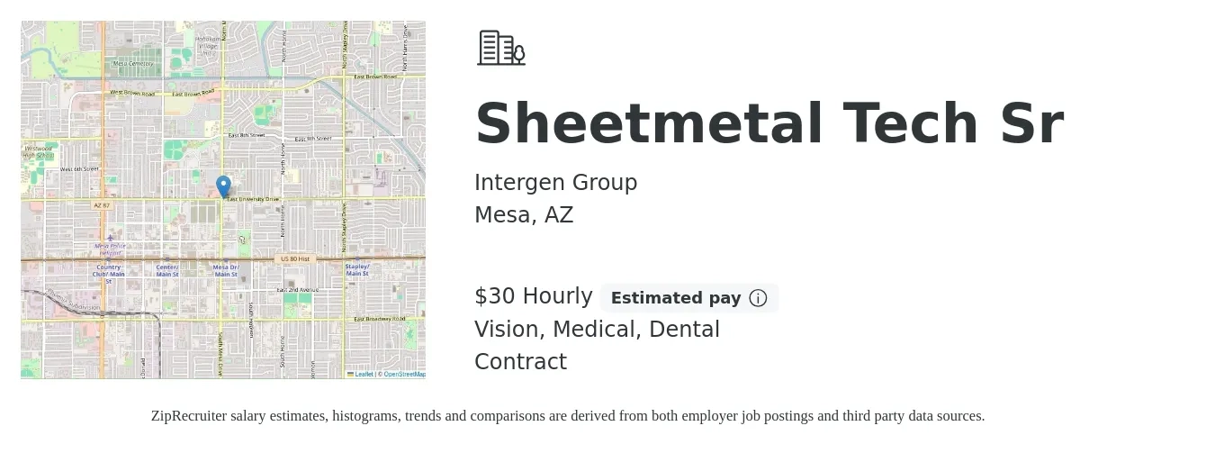 Intergen Group job posting for a Sheetmetal Tech Sr in Mesa, AZ with a salary of $32 Hourly and benefits including retirement, vision, dental, life_insurance, and medical with a map of Mesa location.