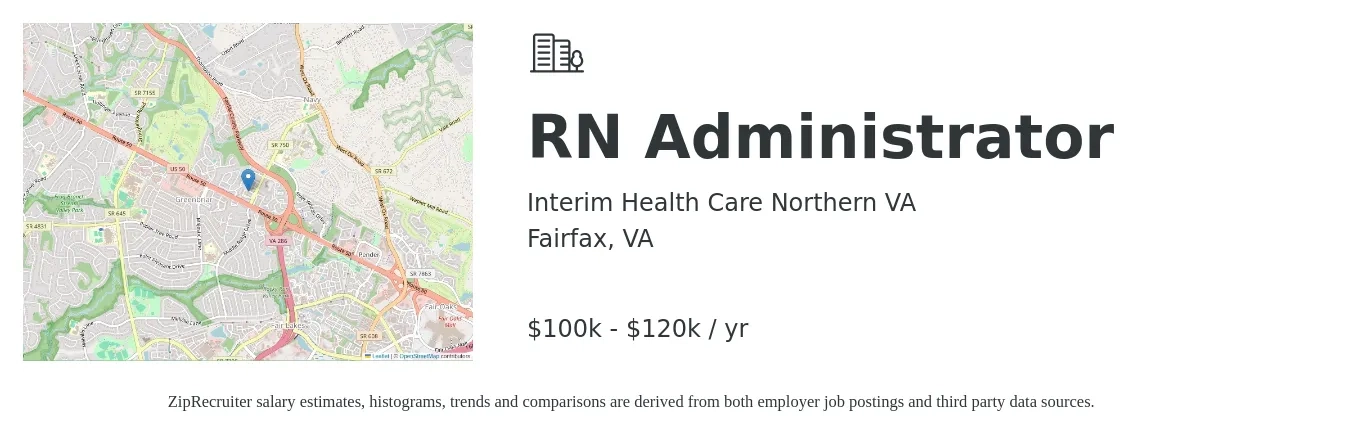 Interim Health Care Northern VA job posting for a RN Administrator in Fairfax, VA with a salary of $100,000 to $120,000 Yearly with a map of Fairfax location.