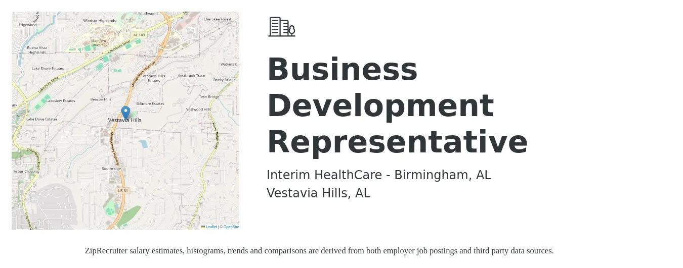 Interim HealthCare - Birmingham, AL job posting for a Business Development Representative in Vestavia Hills, AL with a salary of $45,000 to $70,000 Yearly with a map of Vestavia Hills location.