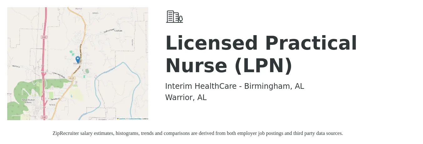 Interim HealthCare - Birmingham, AL job posting for a Licensed Practical Nurse (LPN) in Warrior, AL with a salary of $25 to $34 Hourly with a map of Warrior location.