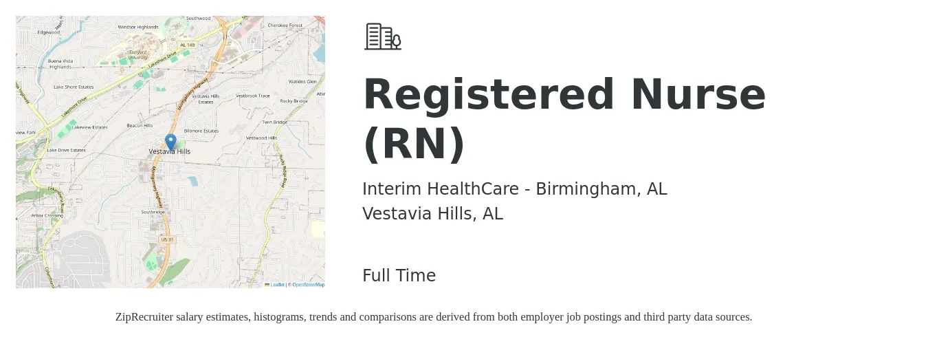 Interim HealthCare - Birmingham, AL job posting for a Registered Nurse (RN) in Vestavia Hills, AL with a salary of $33 to $52 Hourly with a map of Vestavia Hills location.