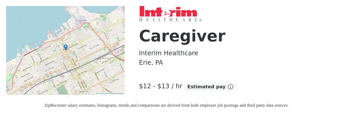 Interim Healthcare job posting for a Caregiver in Erie, PA with a salary of $13 to $14 Hourly with a map of Erie location.