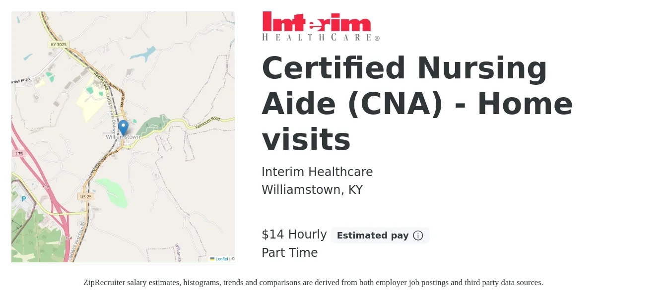 Interim Healthcare job posting for a Certified Nursing Aide (CNA) - Home visits in Williamstown, KY with a salary of $15 Hourly with a map of Williamstown location.