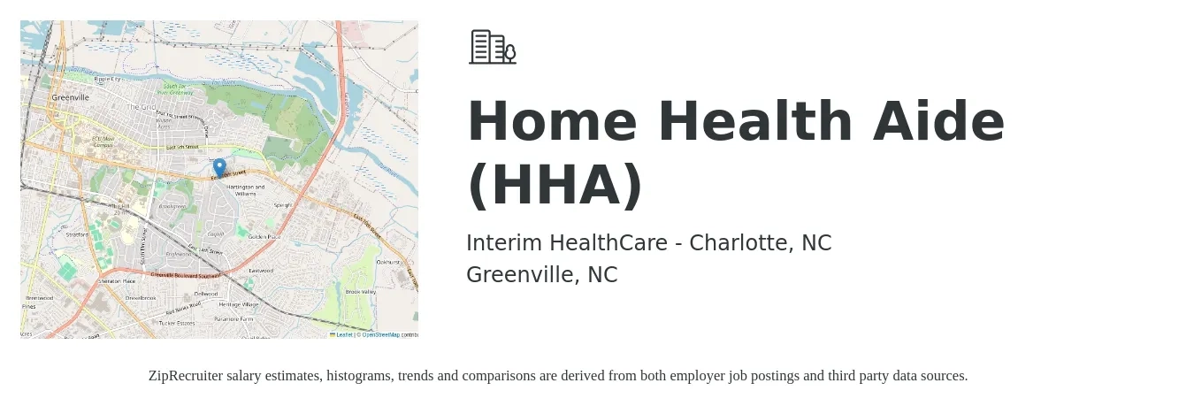 Interim HealthCare - Charlotte, NC job posting for a Home Health Aide (HHA) in Greenville, NC with a salary of $14 to $18 Hourly with a map of Greenville location.