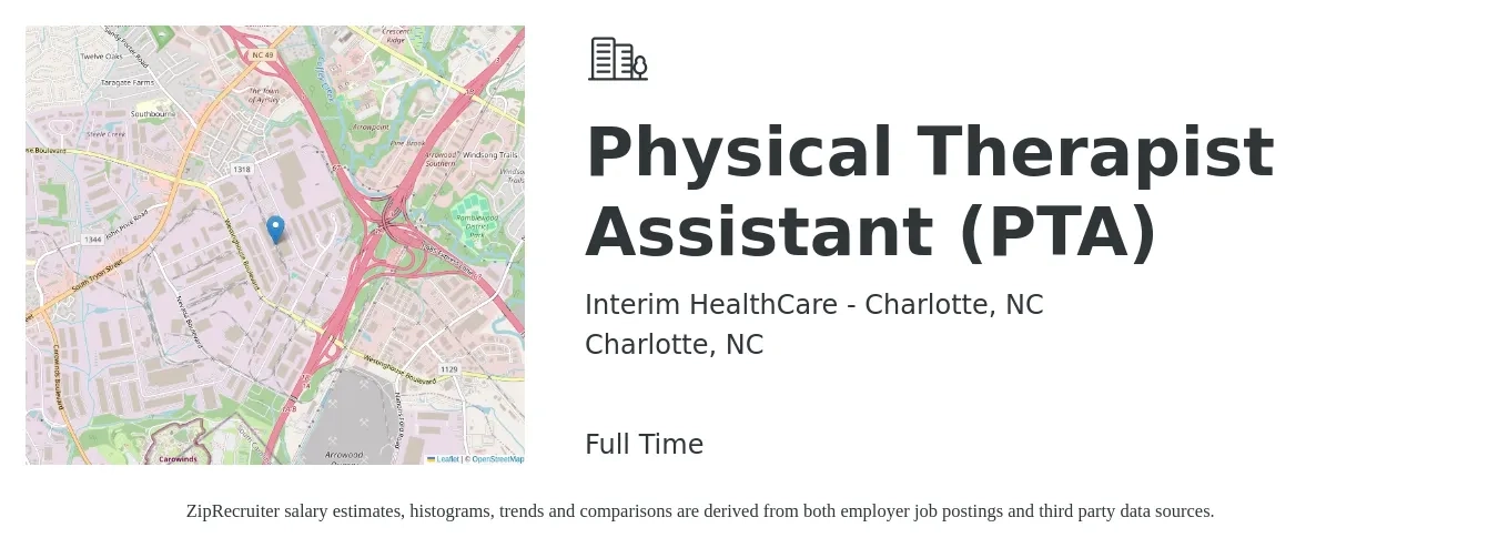 Interim HealthCare - Charlotte, NC job posting for a Physical Therapist Assistant (PTA) in Charlotte, NC with a salary of $27 to $36 Hourly with a map of Charlotte location.