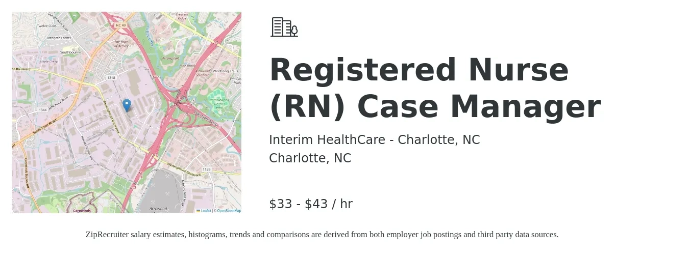 Interim HealthCare - Charlotte, NC job posting for a Registered Nurse (RN) Case Manager in Charlotte, NC with a salary of $35 to $45 Hourly with a map of Charlotte location.