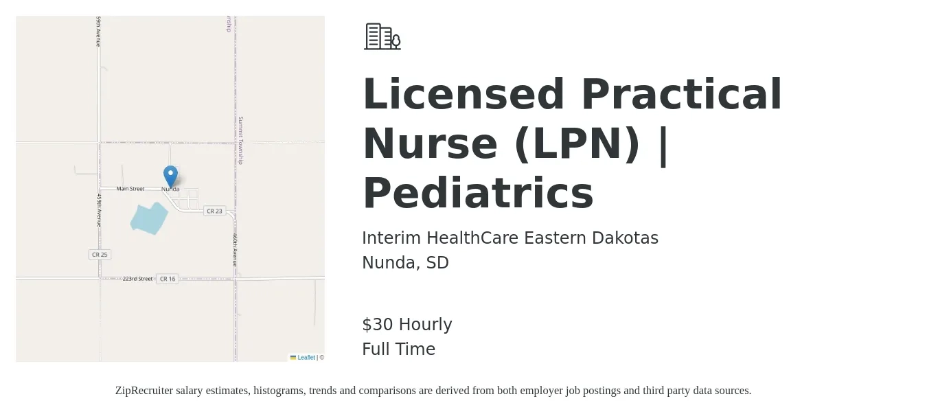 Interim HealthCare Eastern Dakotas job posting for a Licensed Practical Nurse (LPN) | Pediatrics in Nunda, SD with a salary of $32 Hourly with a map of Nunda location.