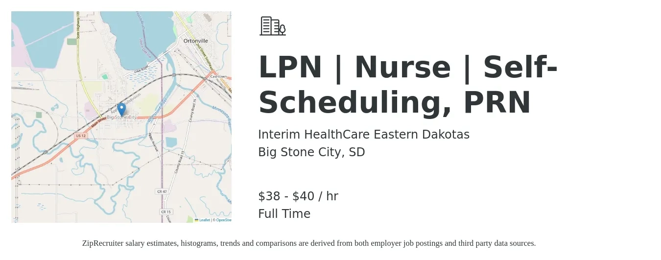 Interim HealthCare Eastern Dakotas job posting for a LPN | Nurse | Self-Scheduling, PRN in Big Stone City, SD with a salary of $40 to $42 Hourly with a map of Big Stone City location.
