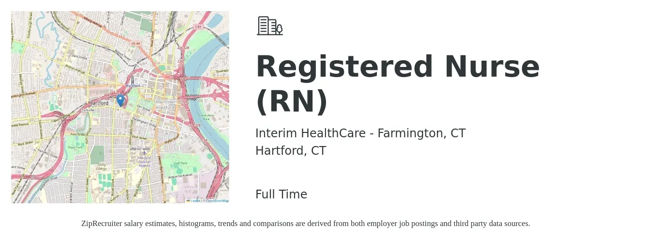 Interim HealthCare - Farmington, CT job posting for a Registered Nurse (RN) in Hartford, CT with a salary of $33 to $52 Hourly with a map of Hartford location.