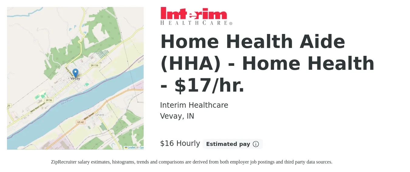 Interim Healthcare job posting for a Home Health Aide (HHA) - Home Health - $17/hr. in Vevay, IN with a salary of $17 Hourly with a map of Vevay location.