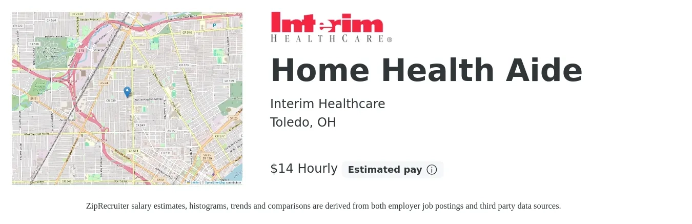 Interim Healthcare job posting for a Home Health Aide in Toledo, OH with a salary of $15 Hourly with a map of Toledo location.
