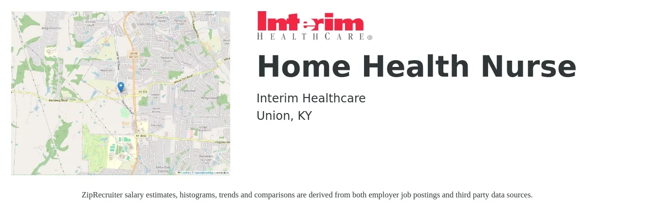 Interim Healthcare job posting for a Home Health Nurse in Union, KY with a salary of $20 to $30 Hourly with a map of Union location.