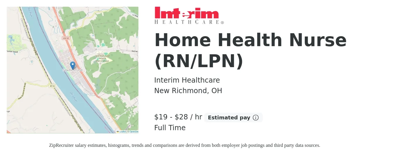 Interim Healthcare job posting for a Home Health Nurse (RN/LPN) in New Richmond, OH with a salary of $20 to $30 Hourly with a map of New Richmond location.