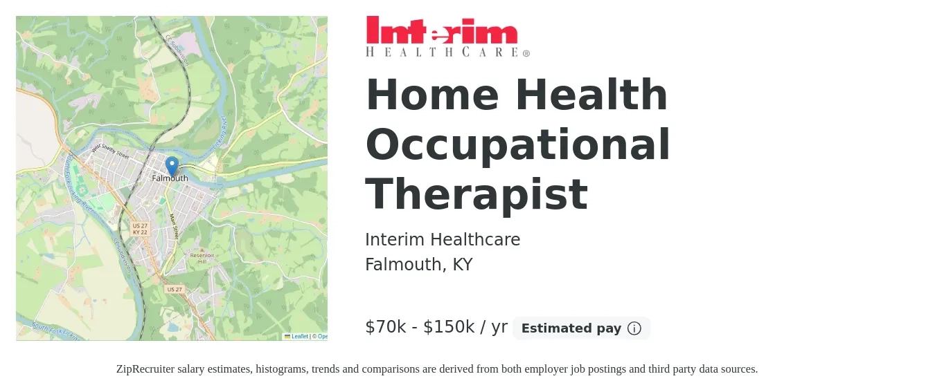 Interim Healthcare job posting for a Home Health Occupational Therapist in Falmouth, KY with a salary of $70,000 to $150,000 Yearly with a map of Falmouth location.
