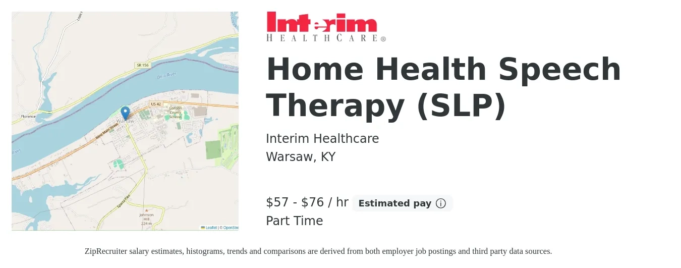 Interim Healthcare job posting for a Home Health Speech Therapy (SLP) in Warsaw, KY with a salary of $60 to $80 Hourly with a map of Warsaw location.