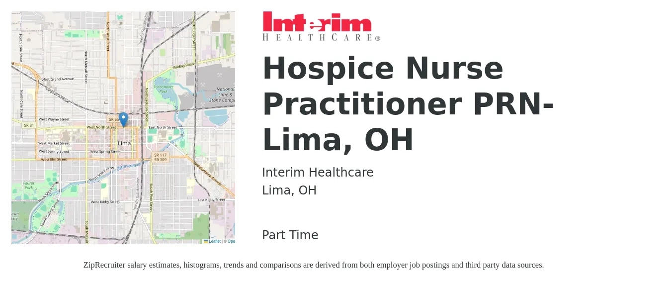 Interim Healthcare job posting for a Hospice Nurse Practitioner PRN- Lima, OH in Lima, OH with a salary of $102,700 to $142,600 Yearly with a map of Lima location.