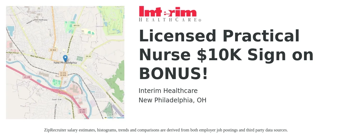 Interim HealthCare job posting for a Licensed Practical Nurse $10K Sign on BONUS! in New Philadelphia, OH with a salary of $24 to $32 Hourly with a map of New Philadelphia location.