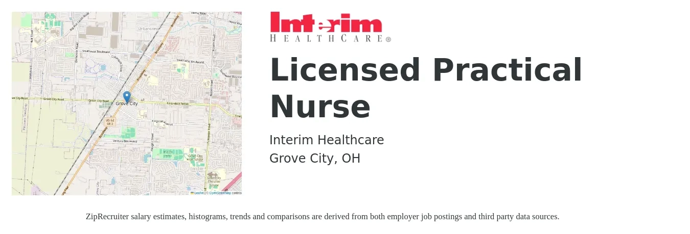 Interim Healthcare job posting for a Licensed Practical Nurse in Grove City, OH with a salary of $20 to $40 Hourly with a map of Grove City location.