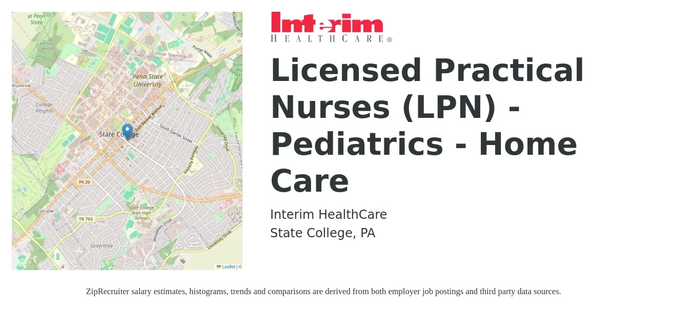 Interim Healthcare job posting for a Licensed Practical Nurses (LPN) - Pediatrics - Home Care in State College, PA with a salary of $27 to $28 Hourly with a map of State College location.