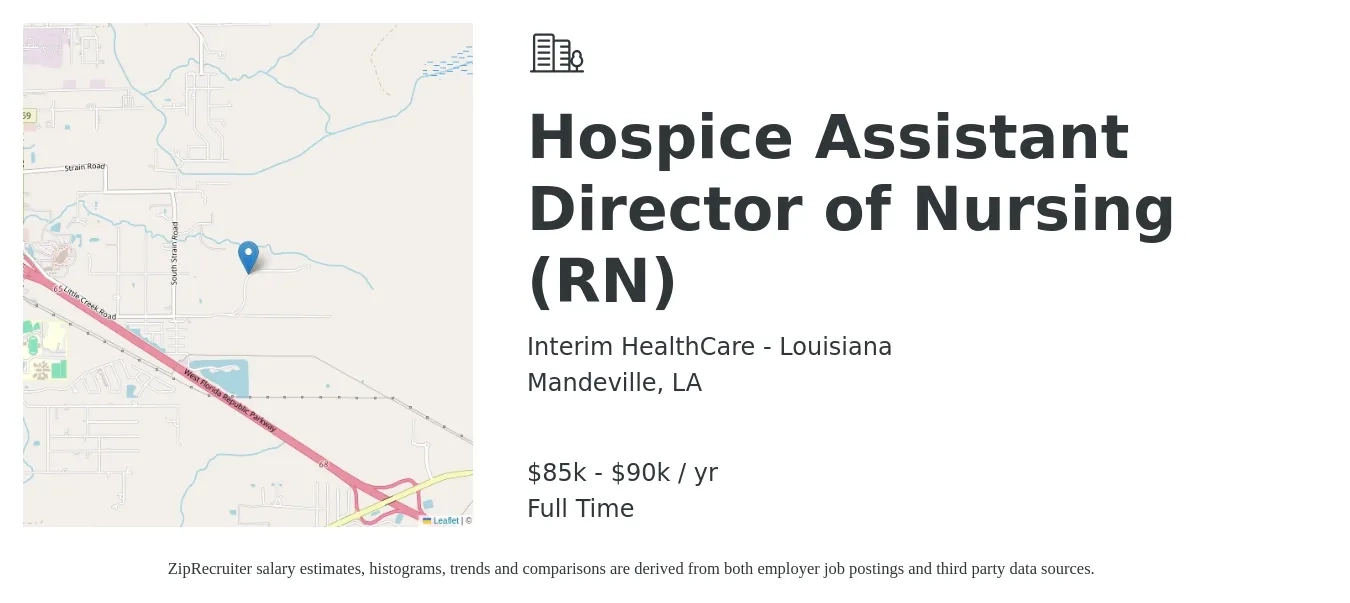 Interim HealthCare - Louisiana job posting for a Hospice Assistant Director of Nursing (RN) in Mandeville, LA with a salary of $85,000 to $90,000 Yearly with a map of Mandeville location.