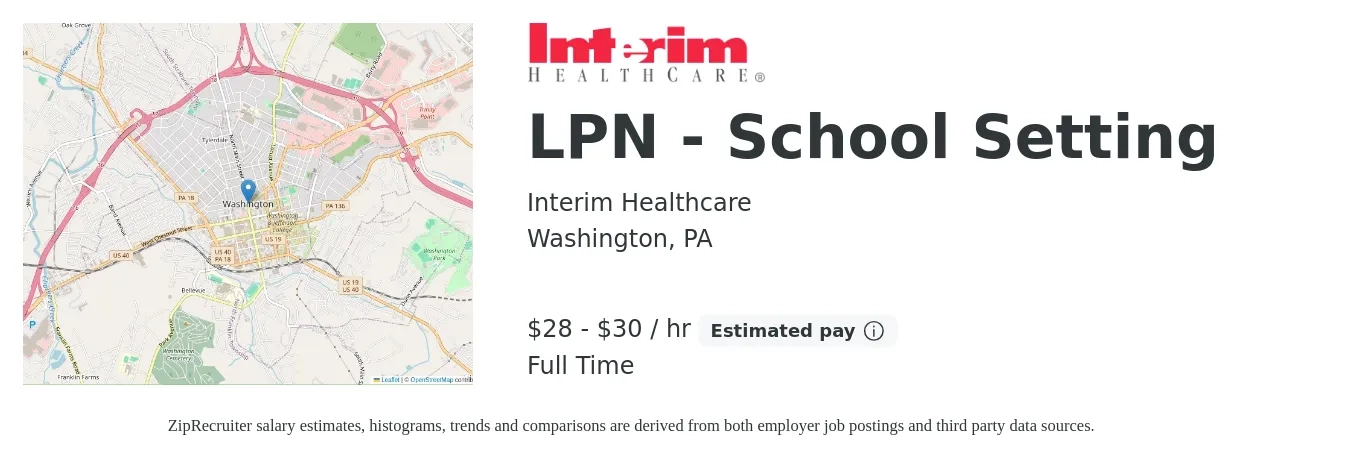 Interim Healthcare job posting for a LPN - School Setting in Washington, PA with a salary of $30 to $32 Hourly with a map of Washington location.