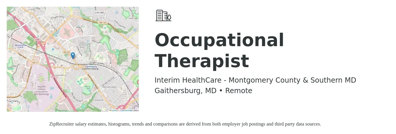 Interim HealthCare - Montgomery County & Southern MD job posting for a Occupational Therapist in Gaithersburg, MD with a salary of $44 to $57 Hourly with a map of Gaithersburg location.