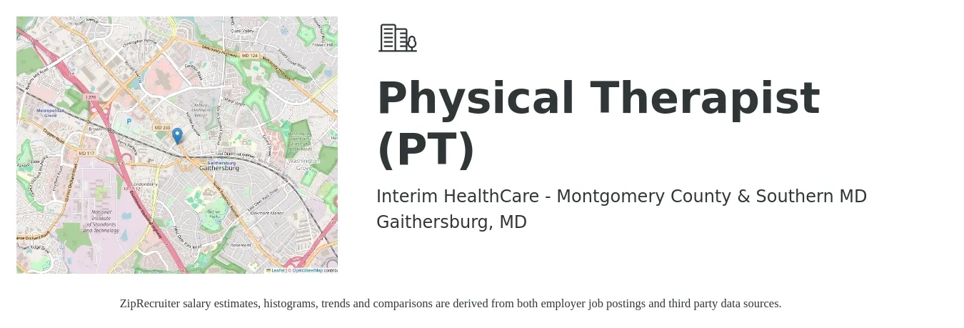 Interim HealthCare - Montgomery County & Southern MD job posting for a Physical Therapist (PT) in Gaithersburg, MD with a salary of $1,790 to $2,320 Weekly with a map of Gaithersburg location.