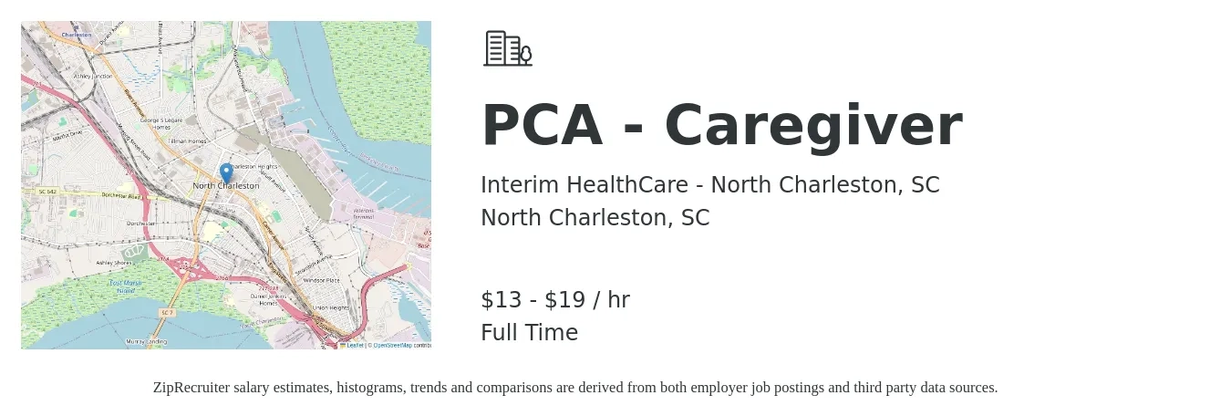 Interim HealthCare - North Charleston, SC job posting for a PCA - Caregiver in North Charleston, SC with a salary of $14 to $20 Hourly with a map of North Charleston location.