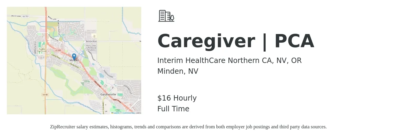 Interim HealthCare Northern CA, NV, OR job posting for a Caregiver | PCA in Minden, NV with a salary of $17 Hourly with a map of Minden location.