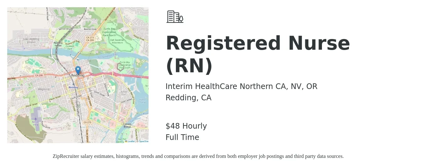 Interim HealthCare Northern CA, NV, OR job posting for a Registered Nurse (RN) in Redding, CA with a salary of $50 Hourly with a map of Redding location.