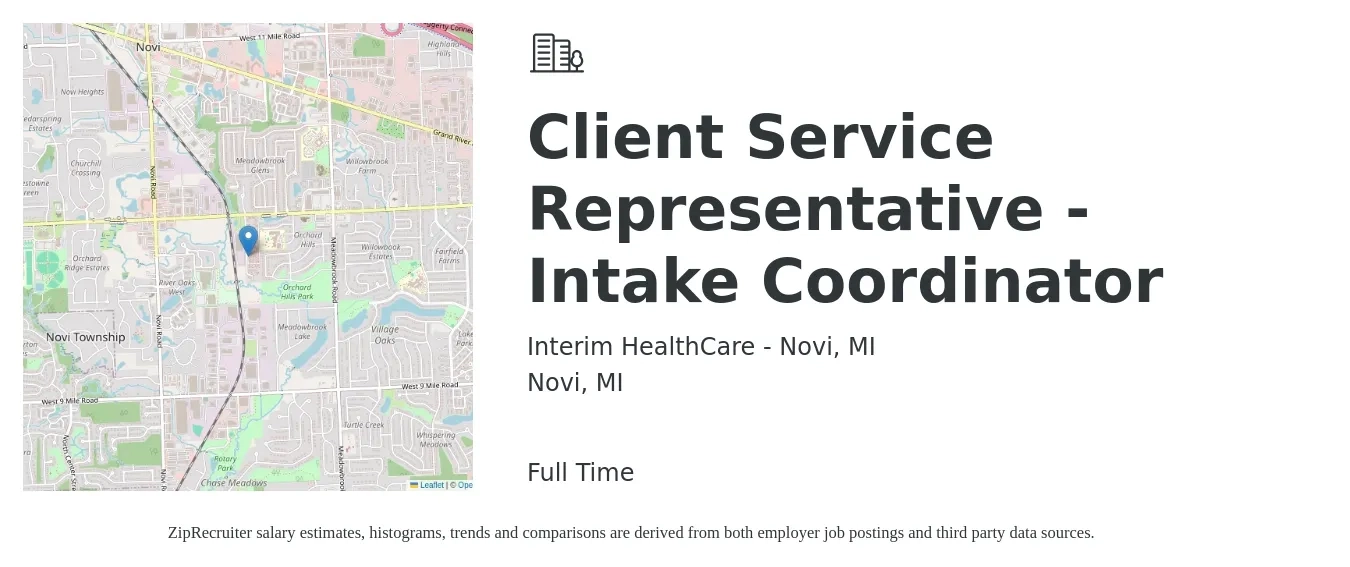 Interim HealthCare - Novi, MI job posting for a Client Service Representative - Intake Coordinator in Novi, MI with a salary of $17 to $22 Hourly with a map of Novi location.
