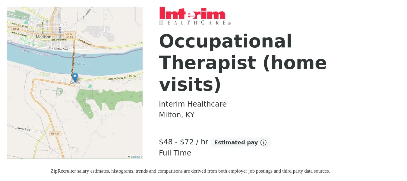 Interim Healthcare job posting for a Occupational Therapist (home visits) in Milton, KY with a salary of $50 to $75 Hourly with a map of Milton location.